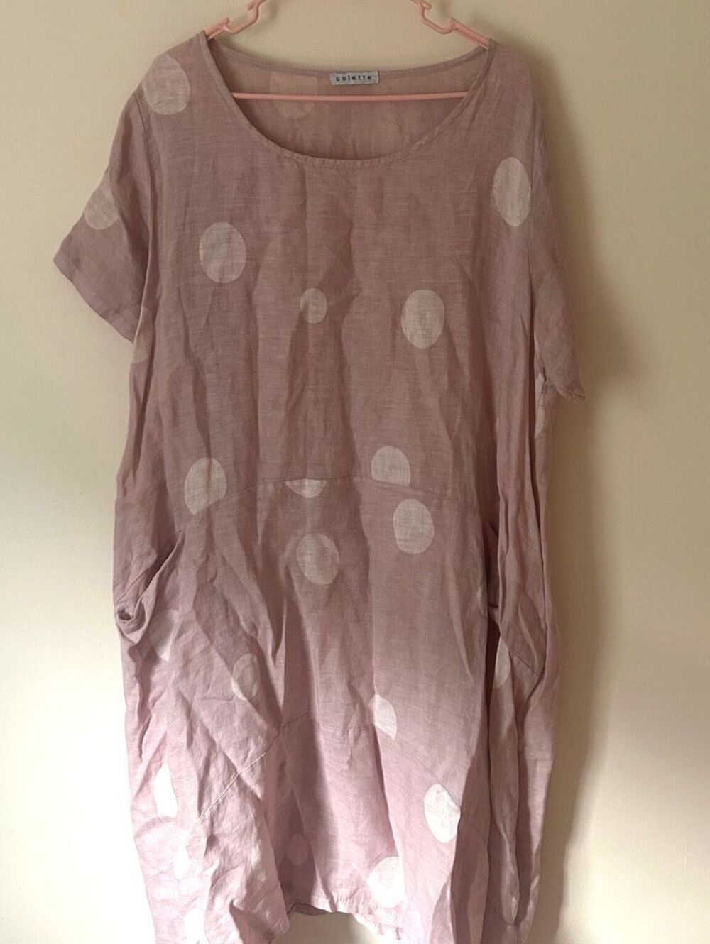 Colette Made in Italy 100% Linen Polka Dot Lagenlook Midi Dress Pink